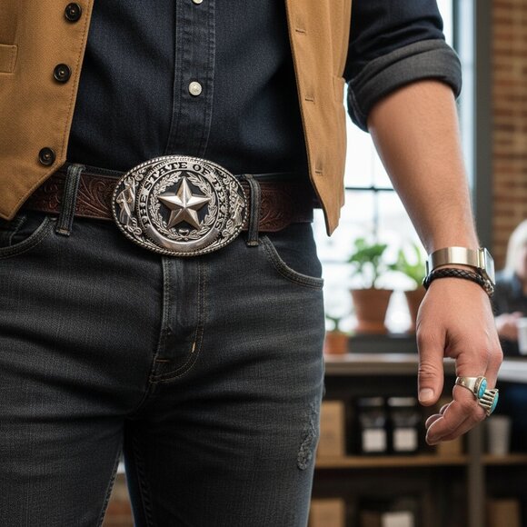 Men Women Silver Metal Belt Buckle Western Fashion Cowboy Texas State Lone Star - Picture 10 of 16